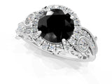 White gold Fancy Black Round Cut Halo Diamond Ring with Milgrain and Bezel Accents on a Split Shank Band_14