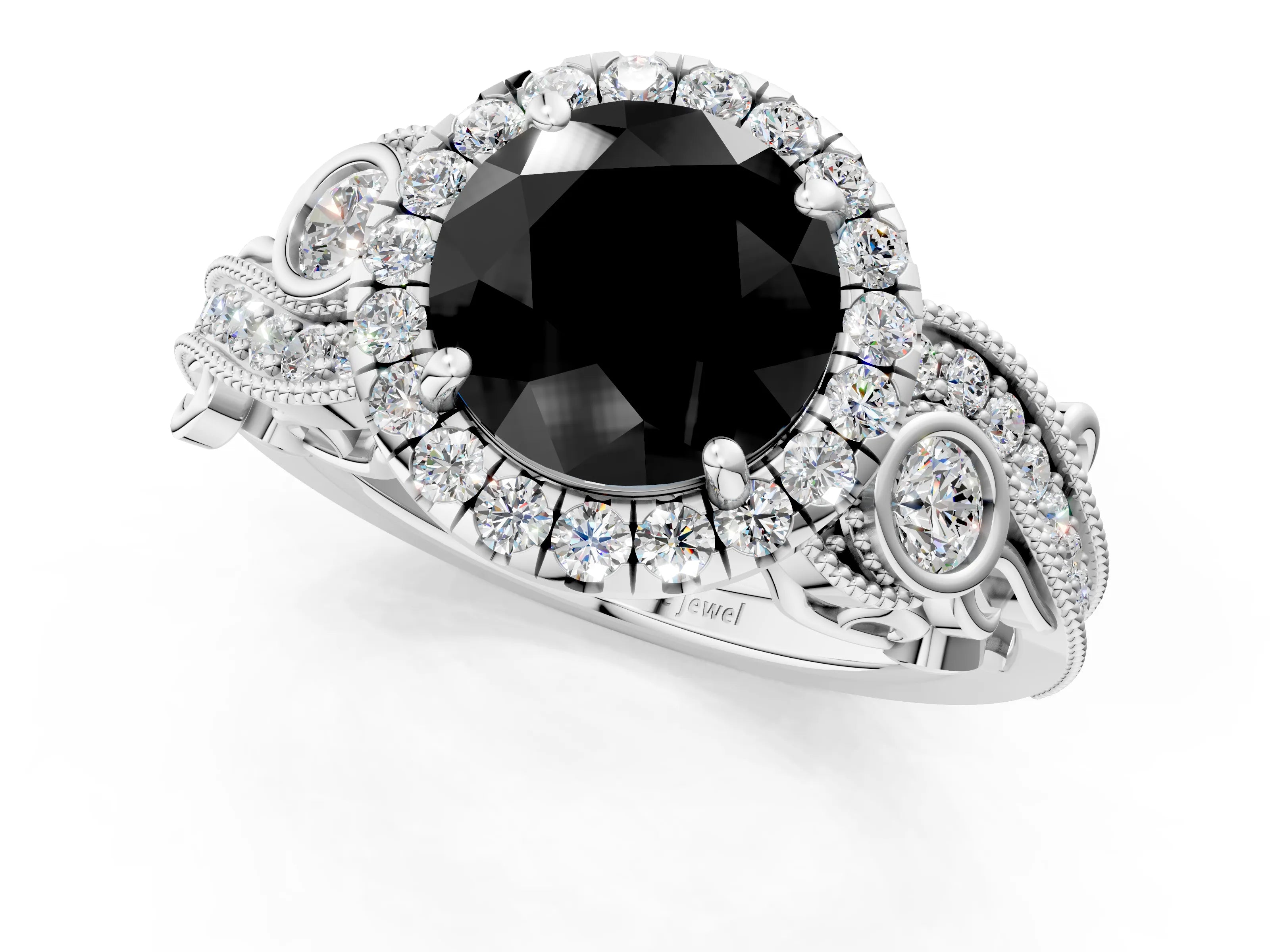 White gold Fancy Black Round Cut Halo Diamond Ring with Milgrain and Bezel Accents on a Split Shank Band_1