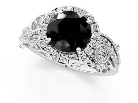 White gold Fancy Black Round Cut Halo Diamond Ring with Milgrain and Bezel Accents on a Split Shank Band_1
