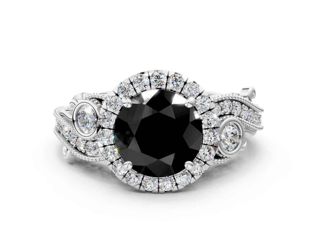 White gold Fancy Black Round Cut Halo Diamond Ring with Milgrain and Bezel Accents on a Split Shank Band_24