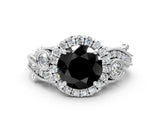 White gold Fancy Black Round Cut Halo Diamond Ring with Milgrain and Bezel Accents on a Split Shank Band_24