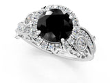 White gold Fancy Black Round Cut Halo Diamond Ring with Milgrain and Bezel Accents on a Split Shank Band_25
