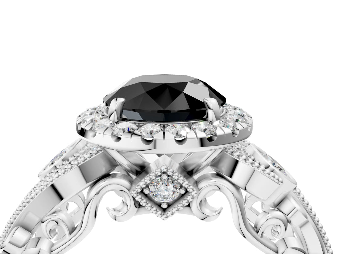 White gold Fancy Black Round Cut Halo Diamond Ring with Milgrain and Bezel Accents on a Split Shank Band_28