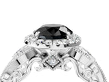 White gold Fancy Black Round Cut Halo Diamond Ring with Milgrain and Bezel Accents on a Split Shank Band_28