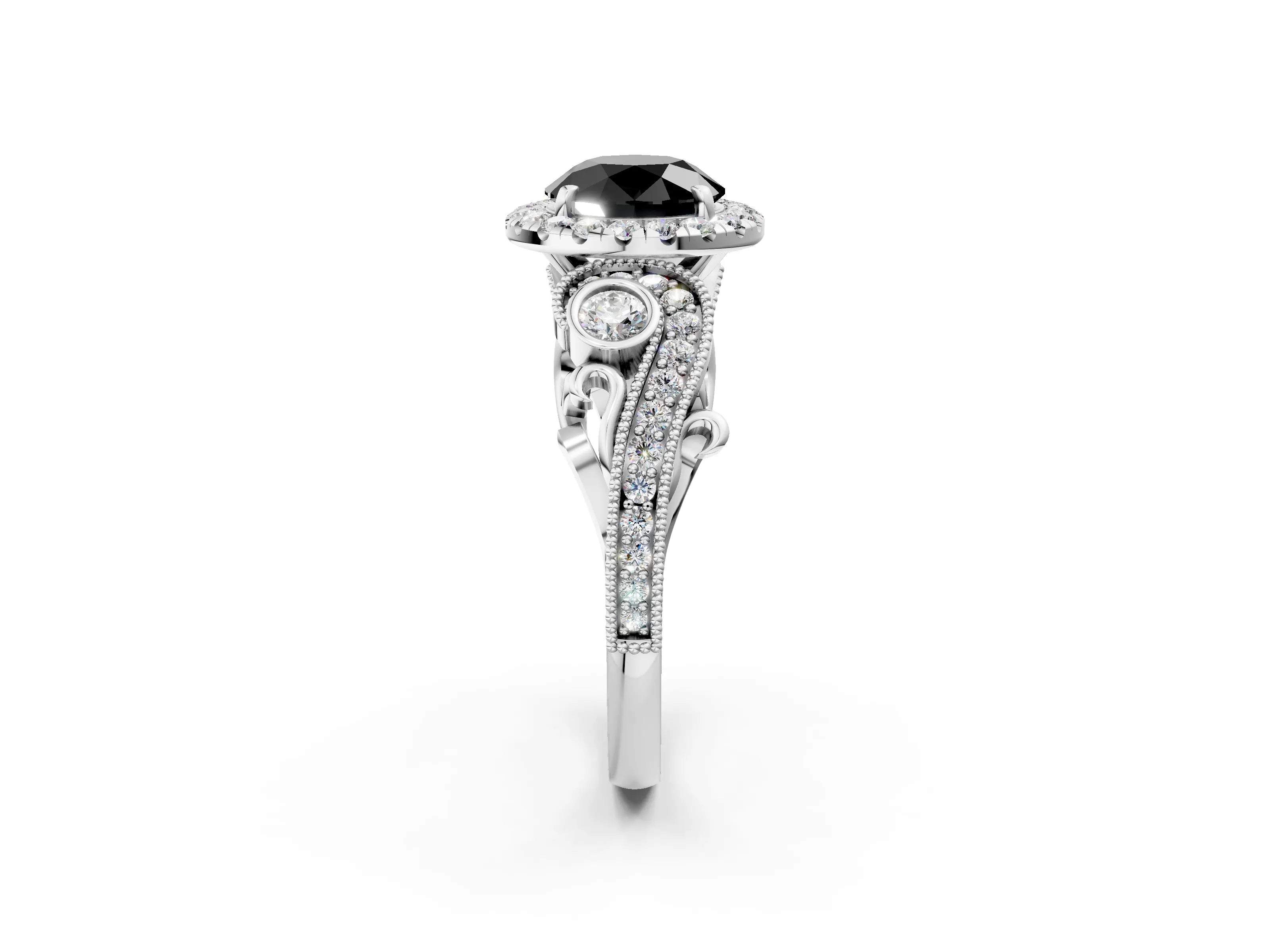 White gold Fancy Black Round Cut Halo Diamond Ring with Milgrain and Bezel Accents on a Split Shank Band_2