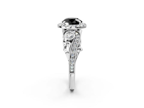 White gold Fancy Black Round Cut Halo Diamond Ring with Milgrain and Bezel Accents on a Split Shank Band_2