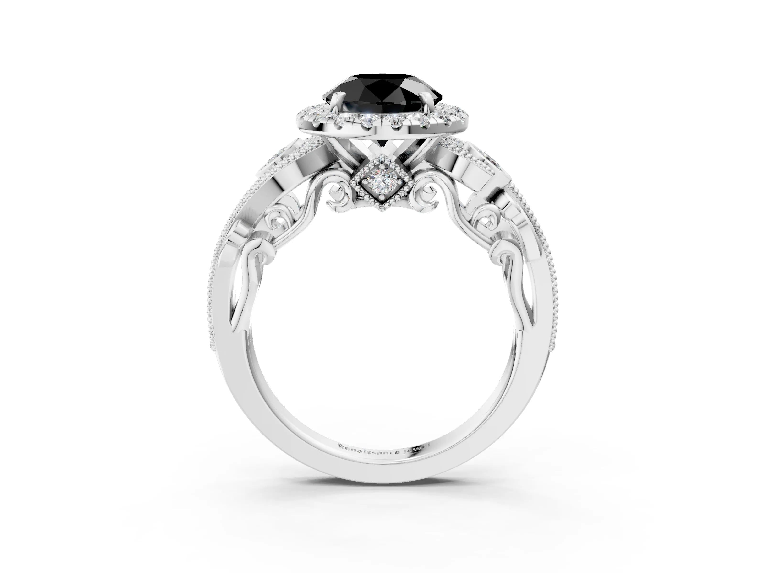 White gold Fancy Black Round Cut Halo Diamond Ring with Milgrain and Bezel Accents on a Split Shank Band_3