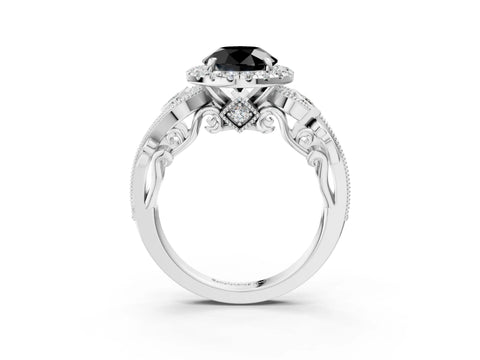 White gold Fancy Black Round Cut Halo Diamond Ring with Milgrain and Bezel Accents on a Split Shank Band_3