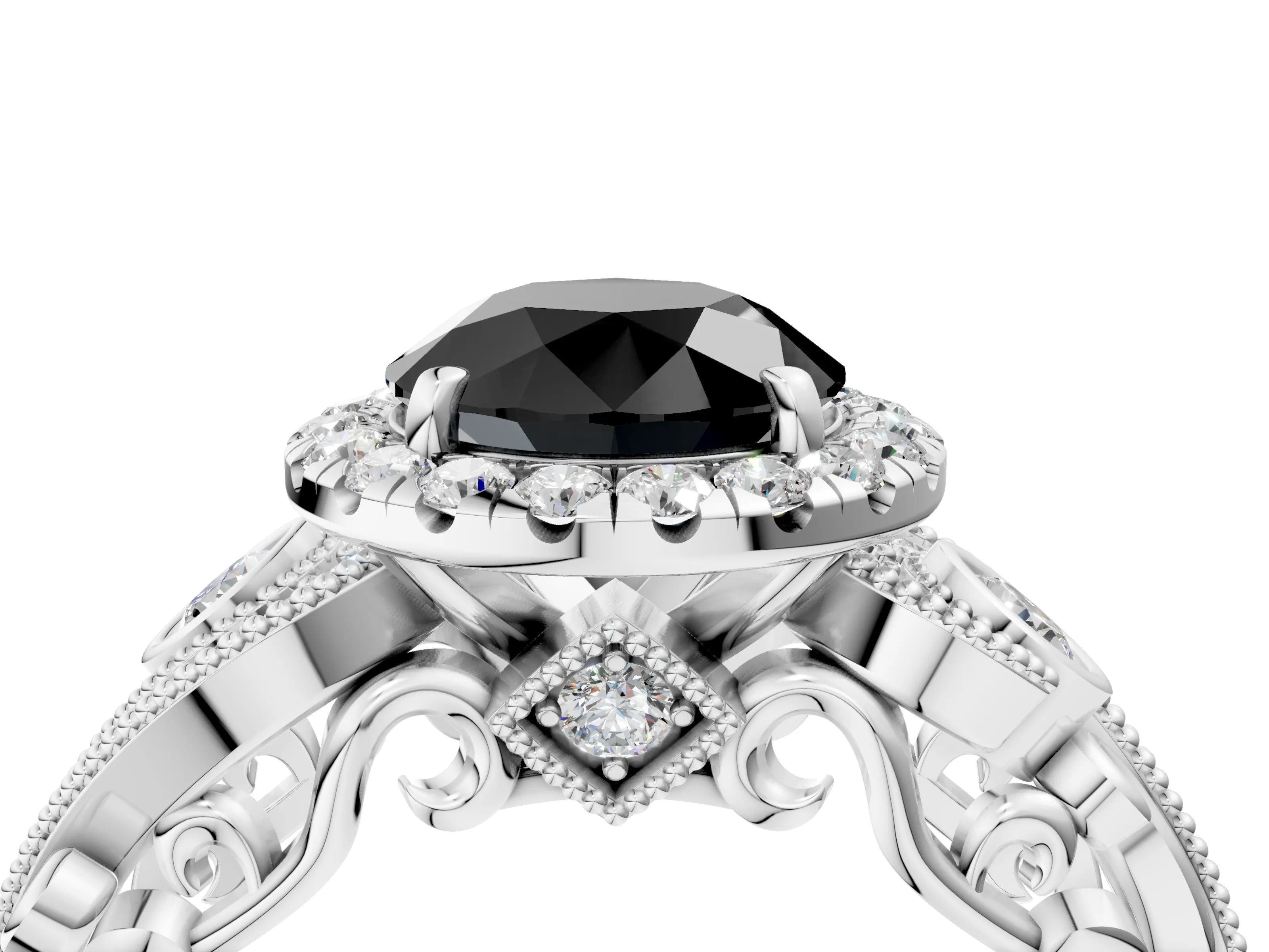 White gold Fancy Black Round Cut Halo Diamond Ring with Milgrain and Bezel Accents on a Split Shank Band_4