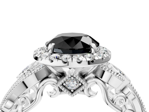 White gold Fancy Black Round Cut Halo Diamond Ring with Milgrain and Bezel Accents on a Split Shank Band_4