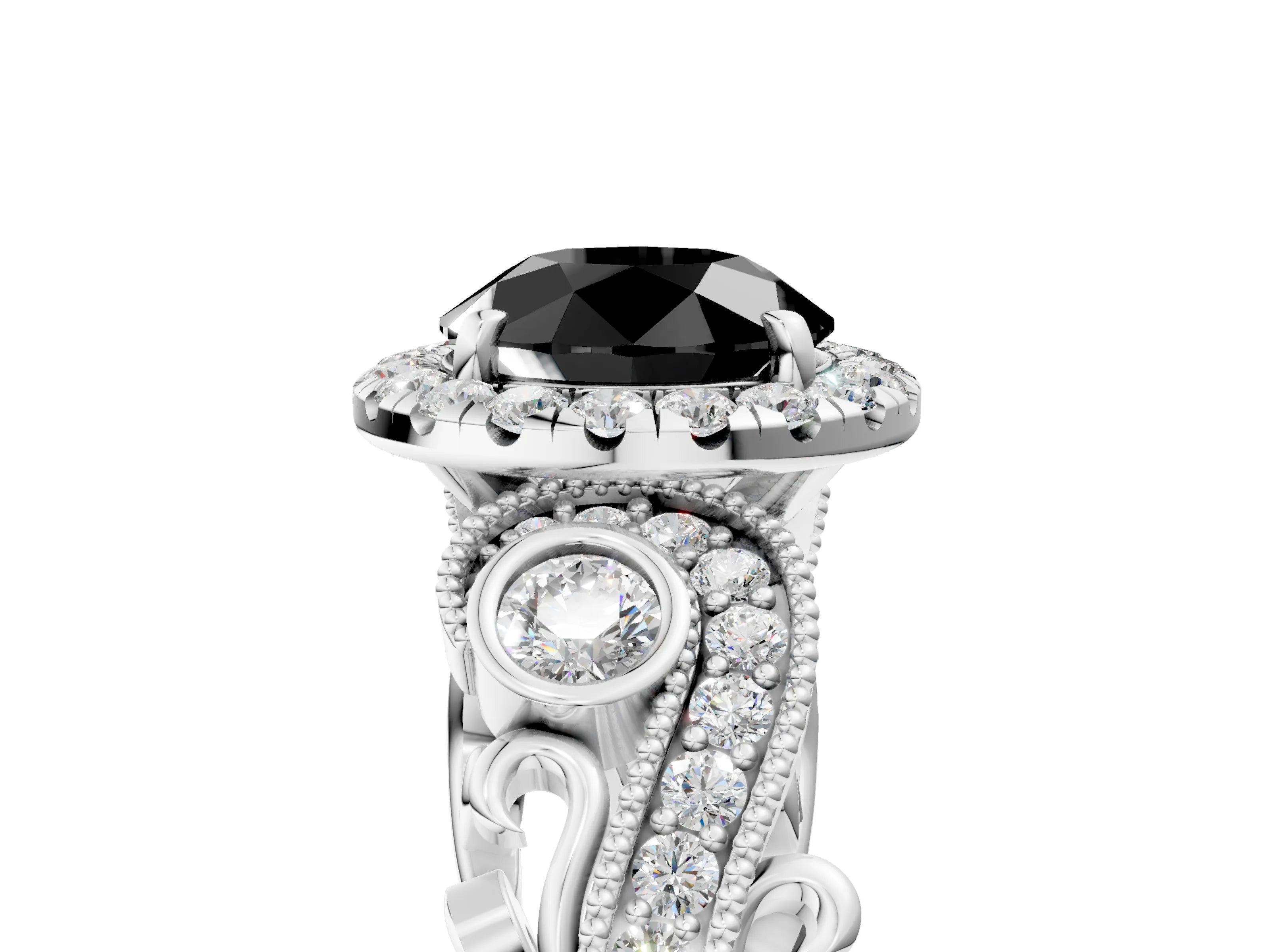White gold Fancy Black Round Cut Halo Diamond Ring with Milgrain and Bezel Accents on a Split Shank Band_5