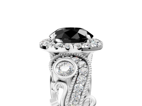 White gold Fancy Black Round Cut Halo Diamond Ring with Milgrain and Bezel Accents on a Split Shank Band_5