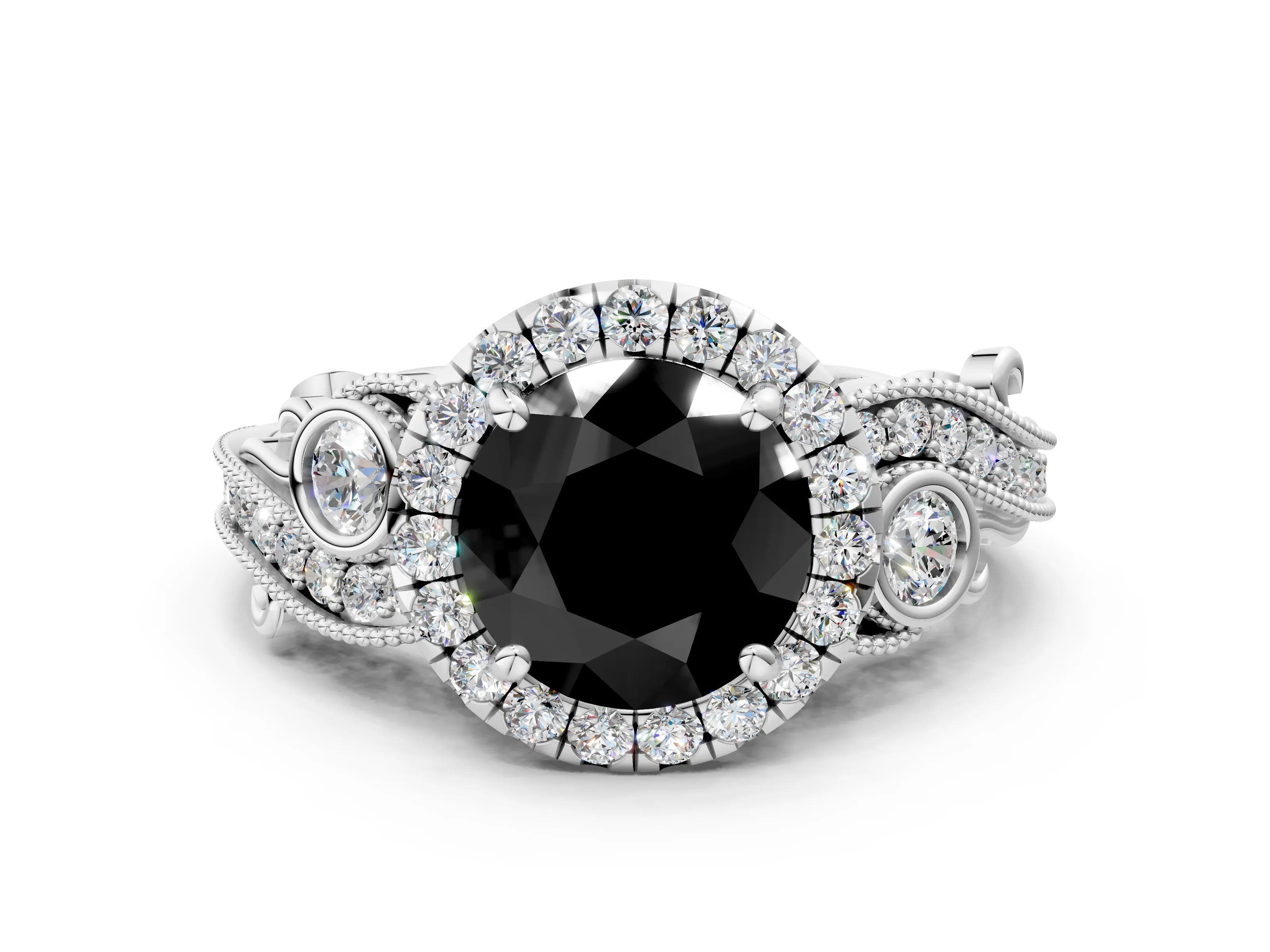 White gold Fancy Black Round Cut Halo Diamond Ring with Milgrain and Bezel Accents on a Split Shank Band