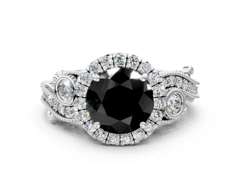 White gold Fancy Black Round Cut Halo Diamond Ring with Milgrain and Bezel Accents on a Split Shank Band