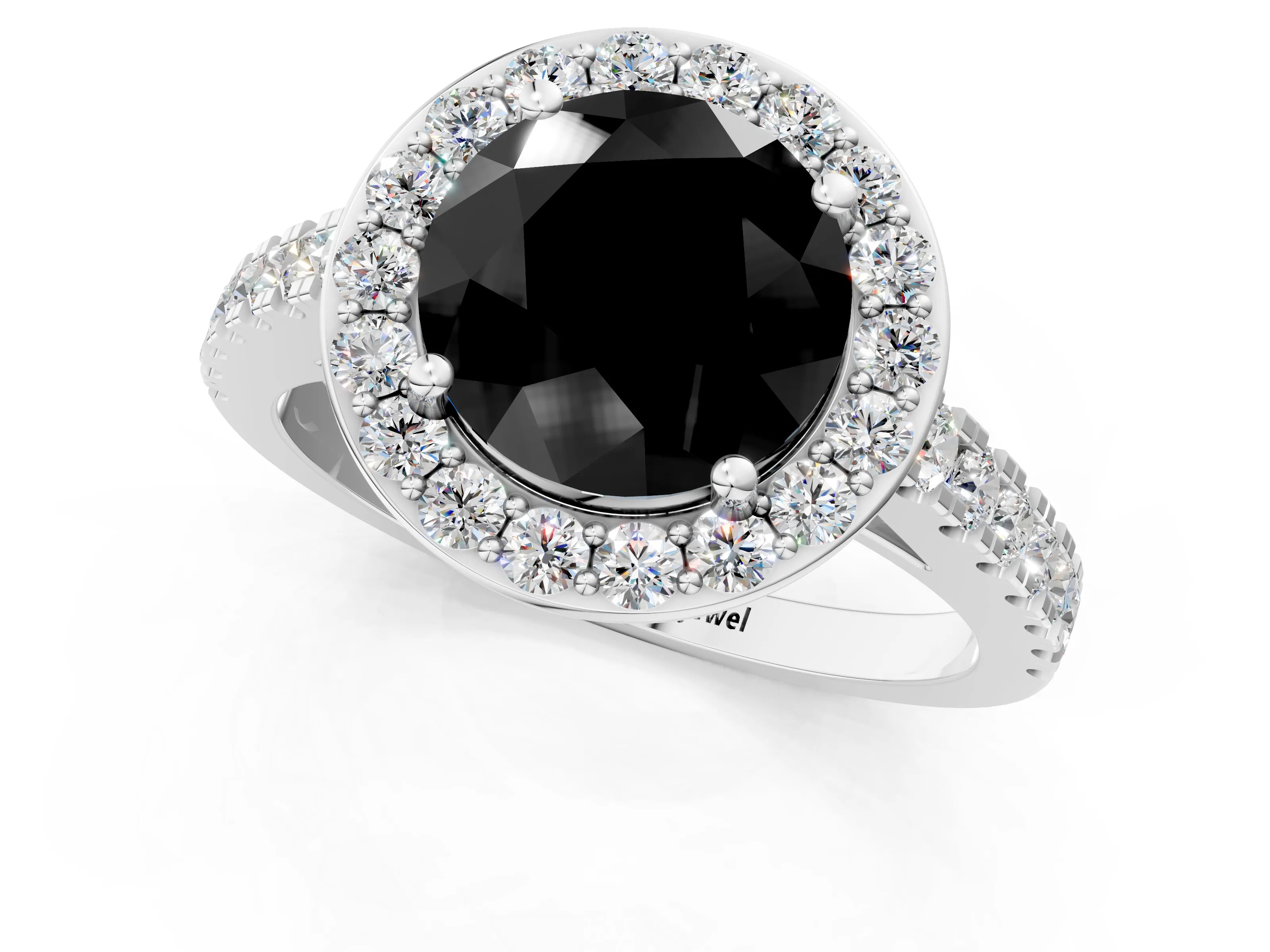 White gold Fancy Black Round Cut Halo Diamond Ring with Pavé Band and Three-Prong Setting_1