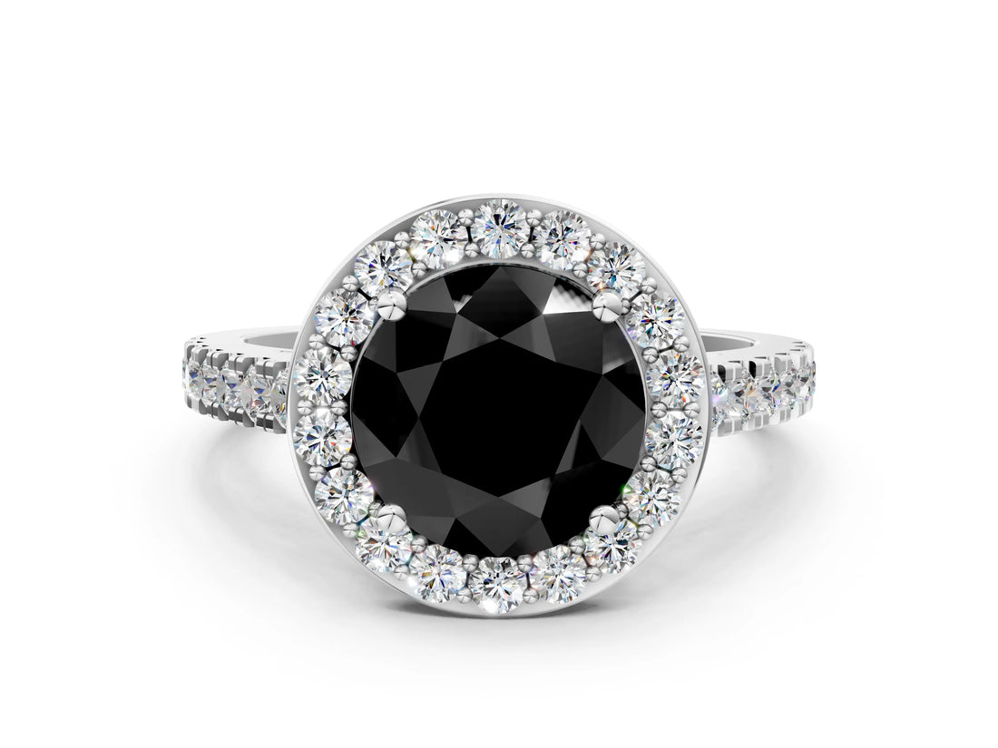White gold Fancy Black Round Cut Halo Diamond Ring with Pavé Band and Three-Prong Setting_12