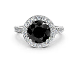 White gold Fancy Black Round Cut Halo Diamond Ring with Pavé Band and Three-Prong Setting_12
