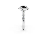 White gold Fancy Black Round Cut Halo Diamond Ring with Pavé Band and Three-Prong Setting_14