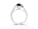 White gold Fancy Black Round Cut Halo Diamond Ring with Pavé Band and Three-Prong Setting_15