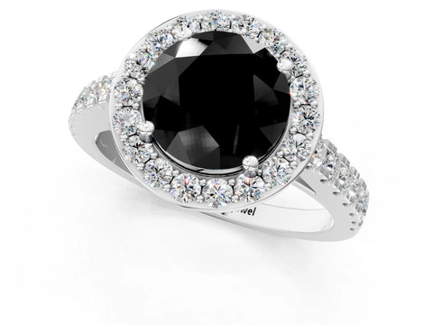 White gold Fancy Black Round Cut Halo Diamond Ring with Pavé Band and Three-Prong Setting_1