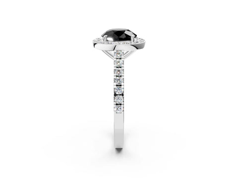 White gold Fancy Black Round Cut Halo Diamond Ring with Pavé Band and Three-Prong Setting_2