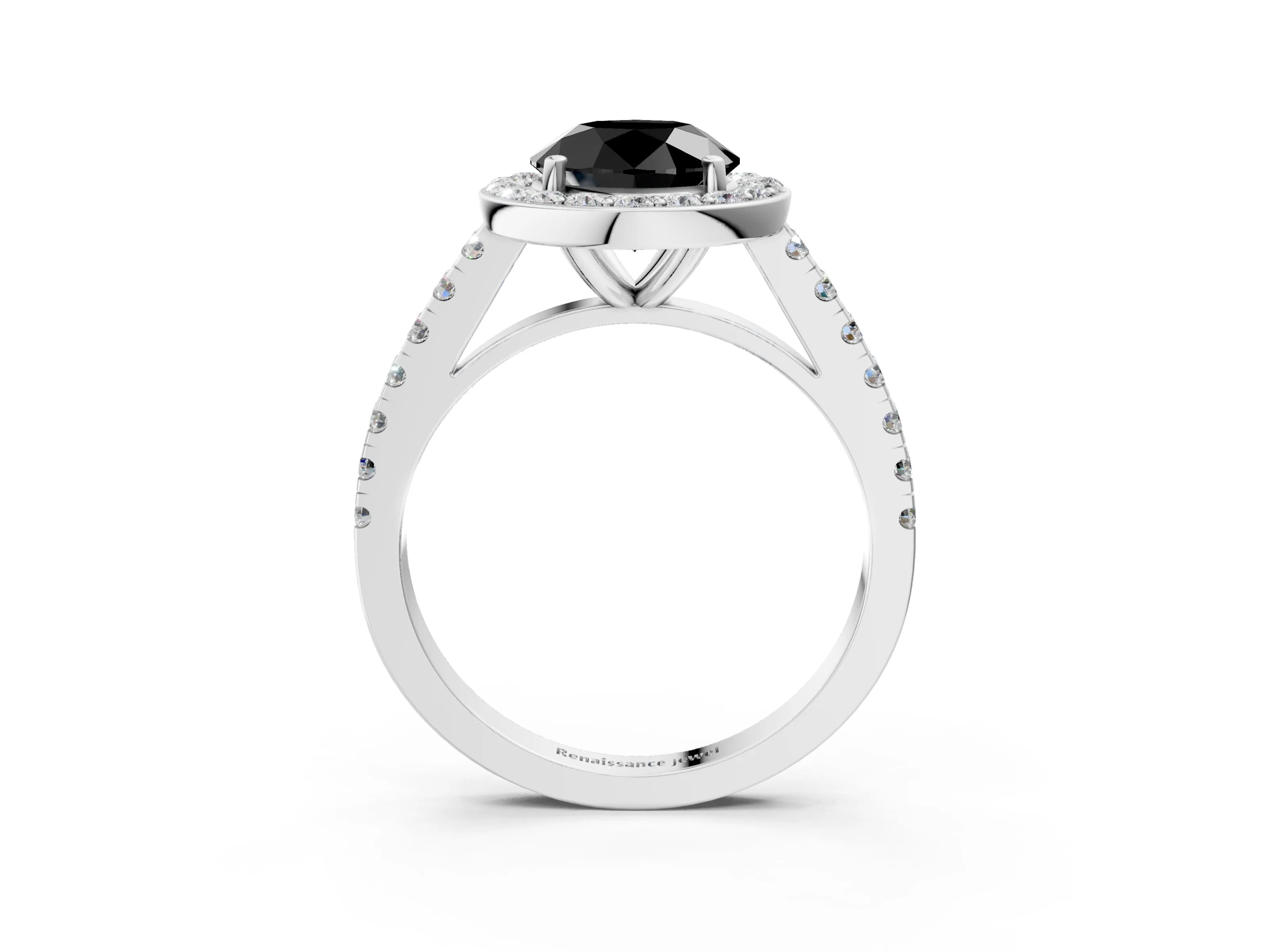 White gold Fancy Black Round Cut Halo Diamond Ring with Pavé Band and Three-Prong Setting_3