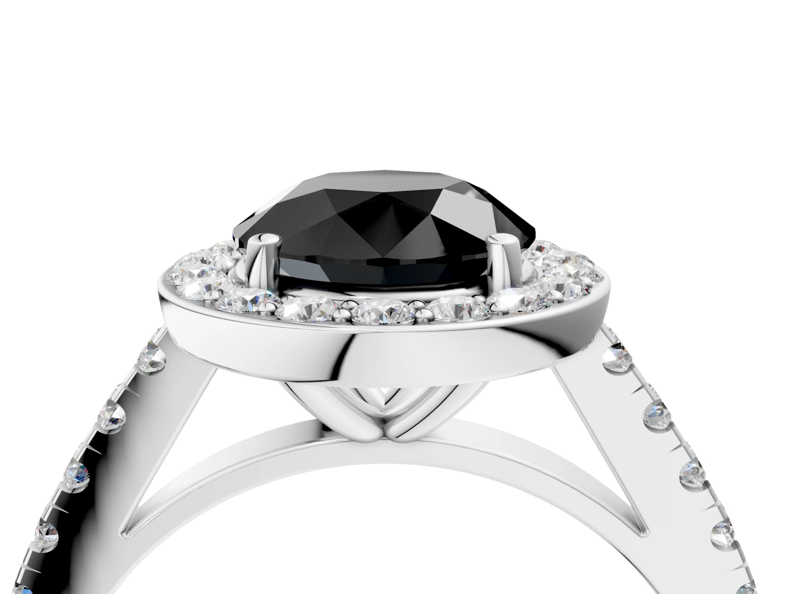 White gold Fancy Black Round Cut Halo Diamond Ring with Pavé Band and Three-Prong Setting_4