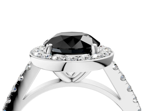 White gold Fancy Black Round Cut Halo Diamond Ring with Pavé Band and Three-Prong Setting_4