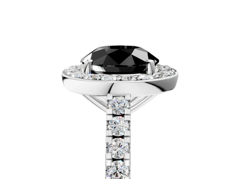 White gold Fancy Black Round Cut Halo Diamond Ring with Pavé Band and Three-Prong Setting_5