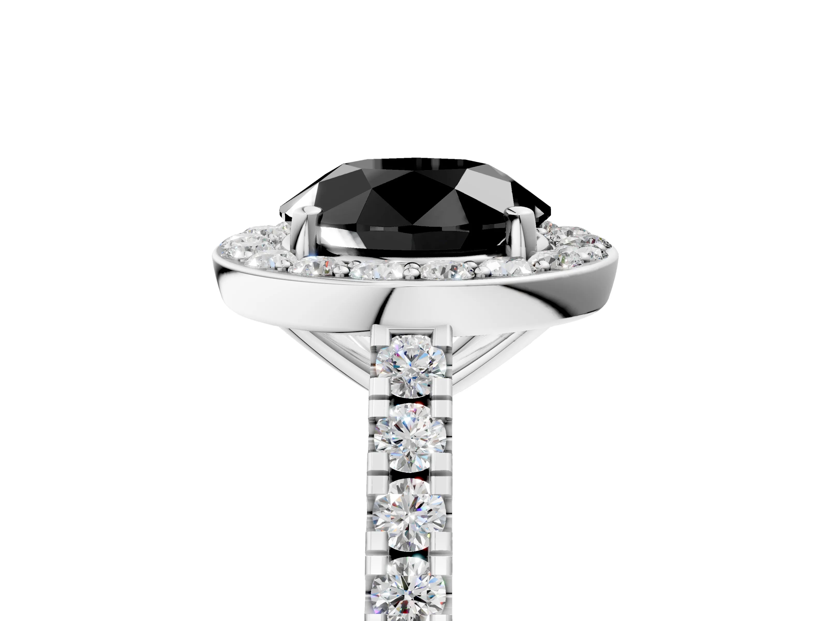 White gold Fancy Black Round Cut Halo Diamond Ring with Pavé Band and Three-Prong Setting_5