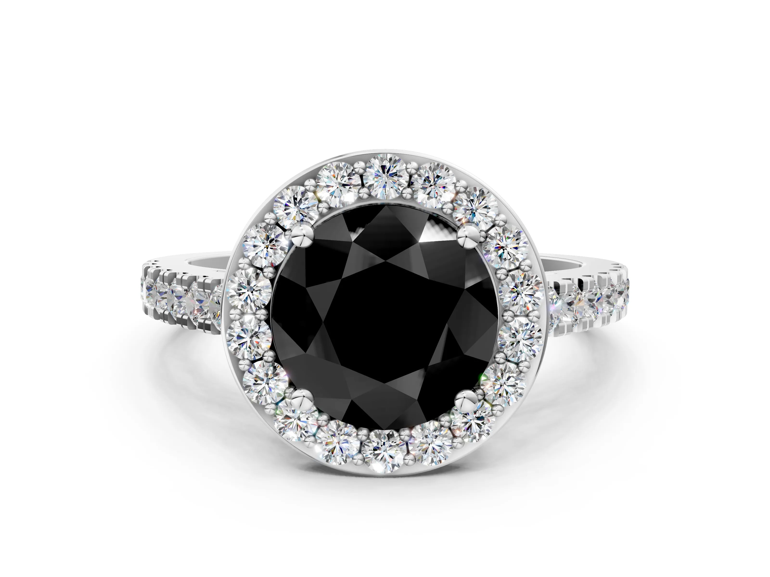 White gold Fancy Black Round Cut Halo Diamond Ring with Pavé Band and Three-Prong Setting