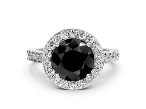 White gold Fancy Black Round Cut Halo Diamond Ring with Pavé Band and Three-Prong Setting