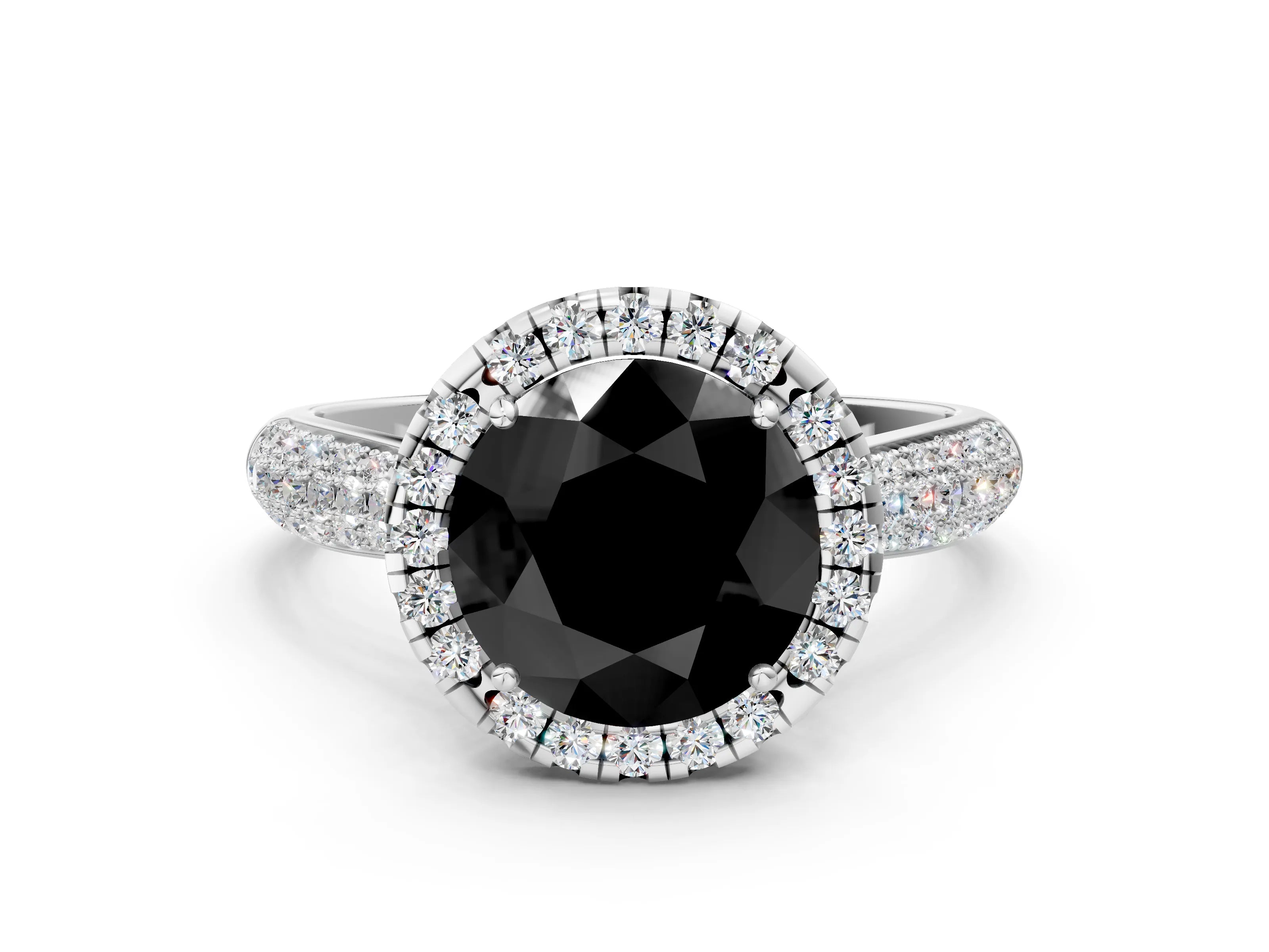 White gold Fancy Black Round Cut Halo Diamond Ring with Pavé Band_12