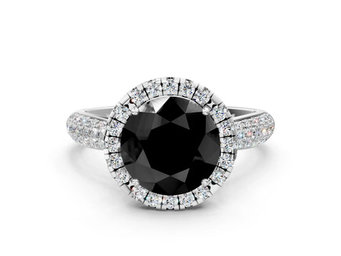 White gold Fancy Black Round Cut Halo Diamond Ring with Pavé Band_12