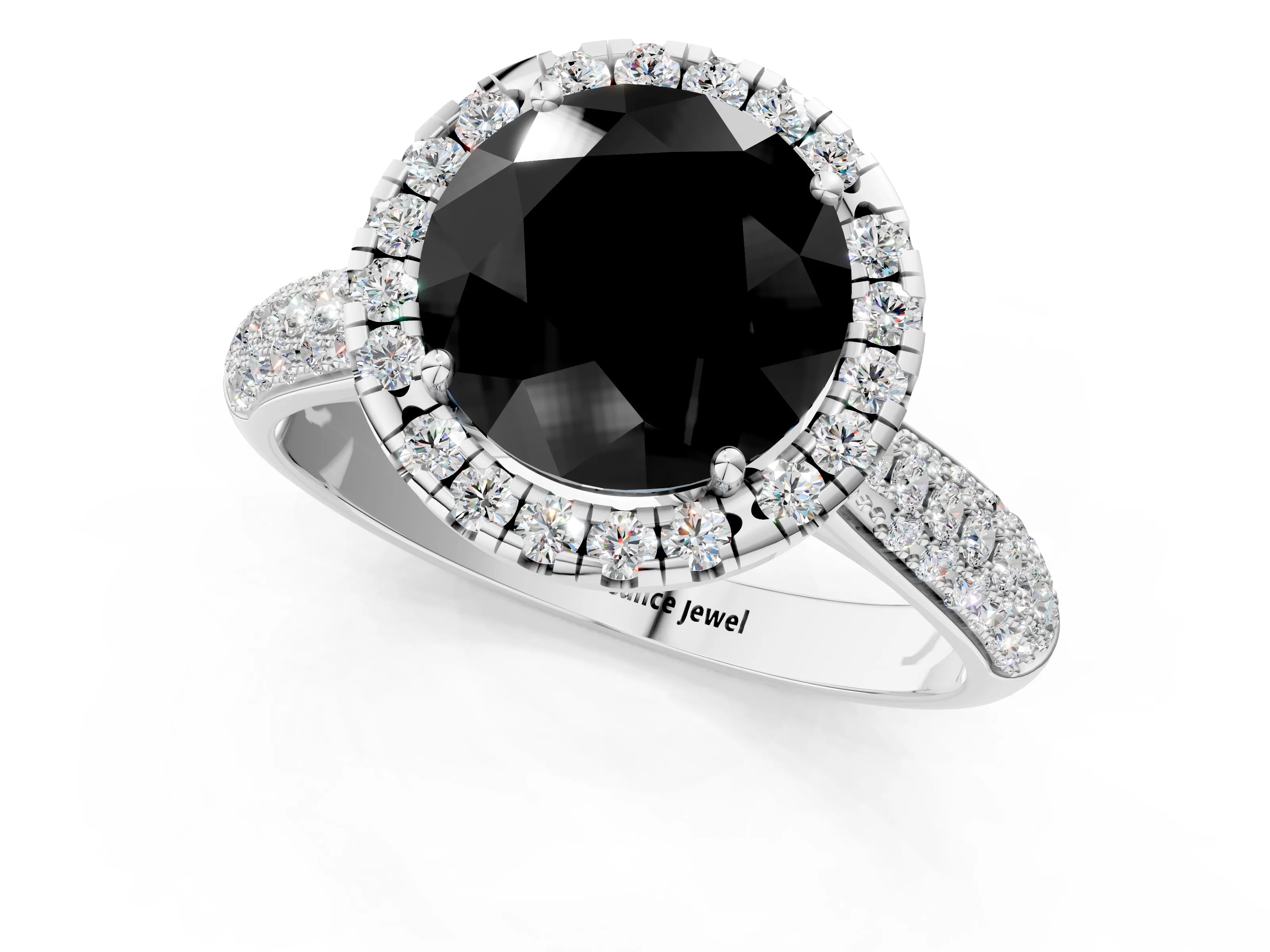 White gold Fancy Black Round Cut Halo Diamond Ring with Pavé Band_13