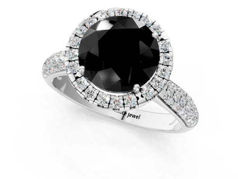 White gold Fancy Black Round Cut Halo Diamond Ring with Pavé Band_13