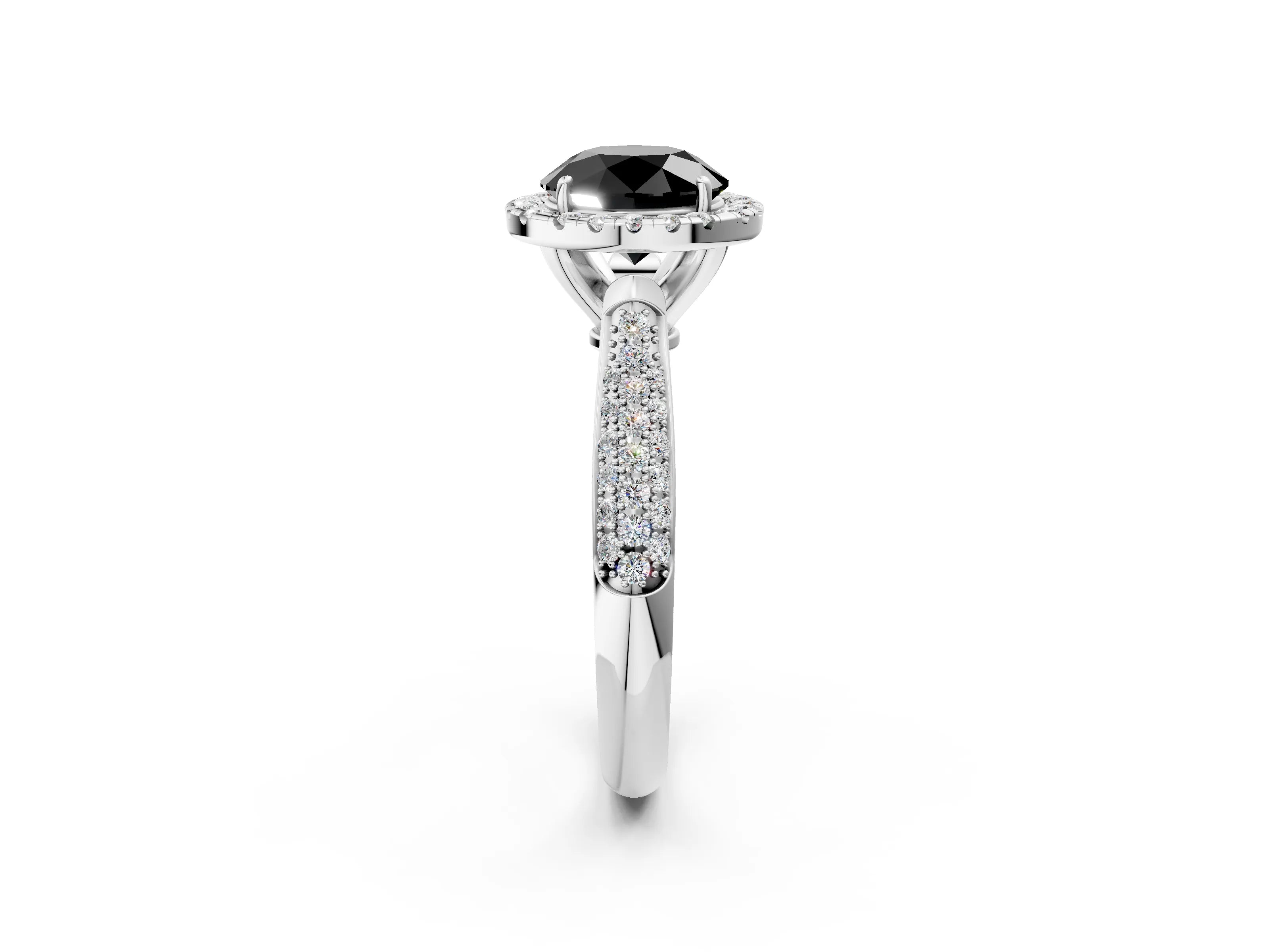 White gold Fancy Black Round Cut Halo Diamond Ring with Pavé Band_14