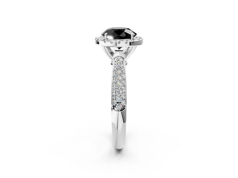 White gold Fancy Black Round Cut Halo Diamond Ring with Pavé Band_14