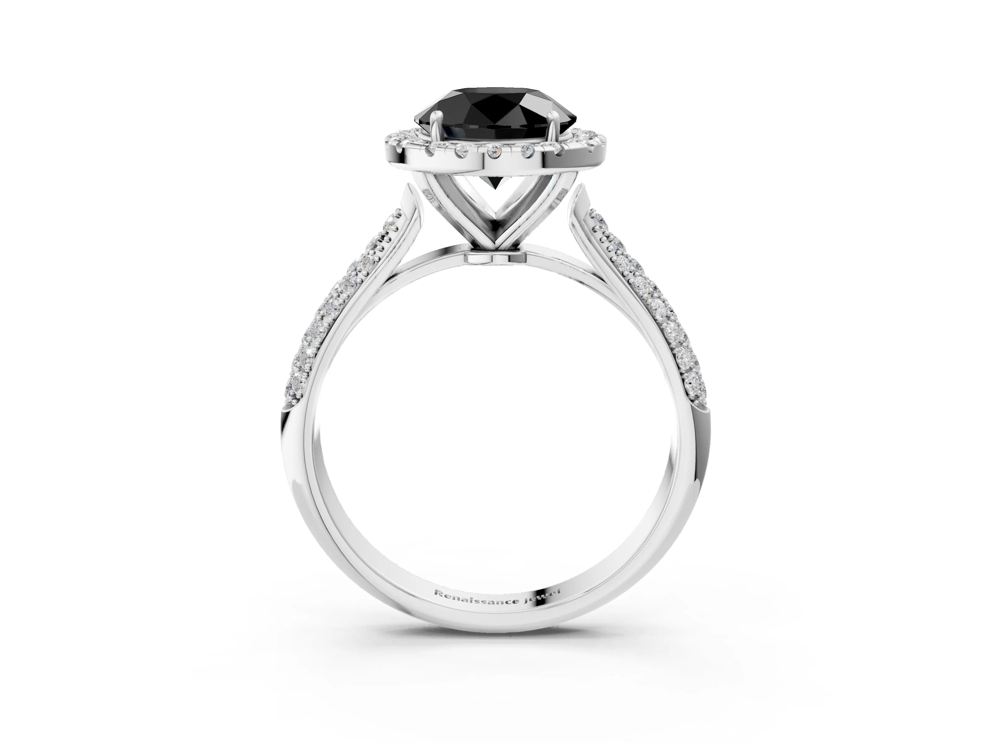 White gold Fancy Black Round Cut Halo Diamond Ring with Pavé Band_15
