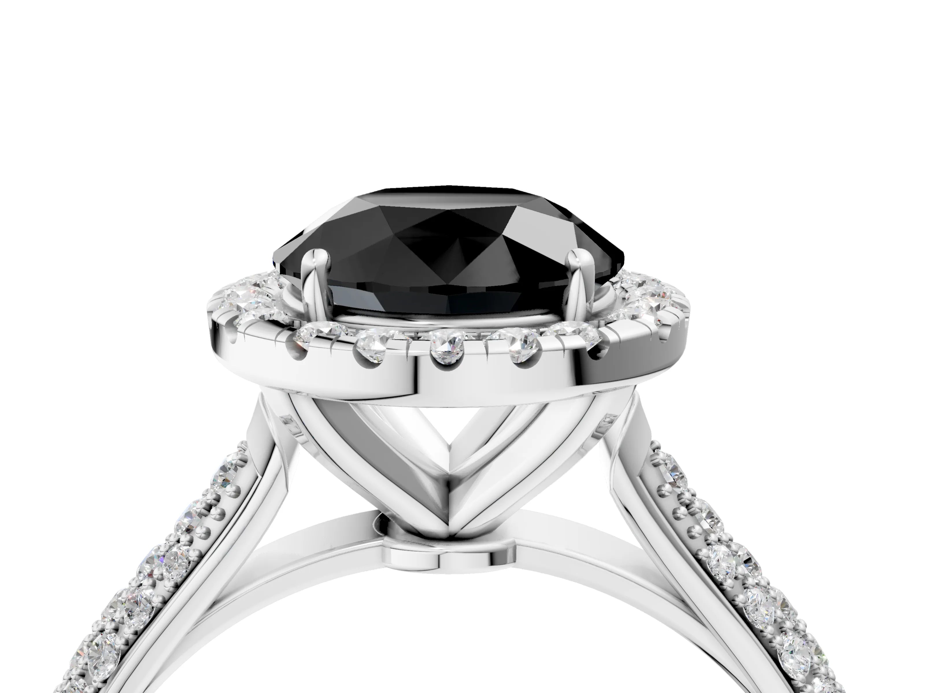 White gold Fancy Black Round Cut Halo Diamond Ring with Pavé Band_16