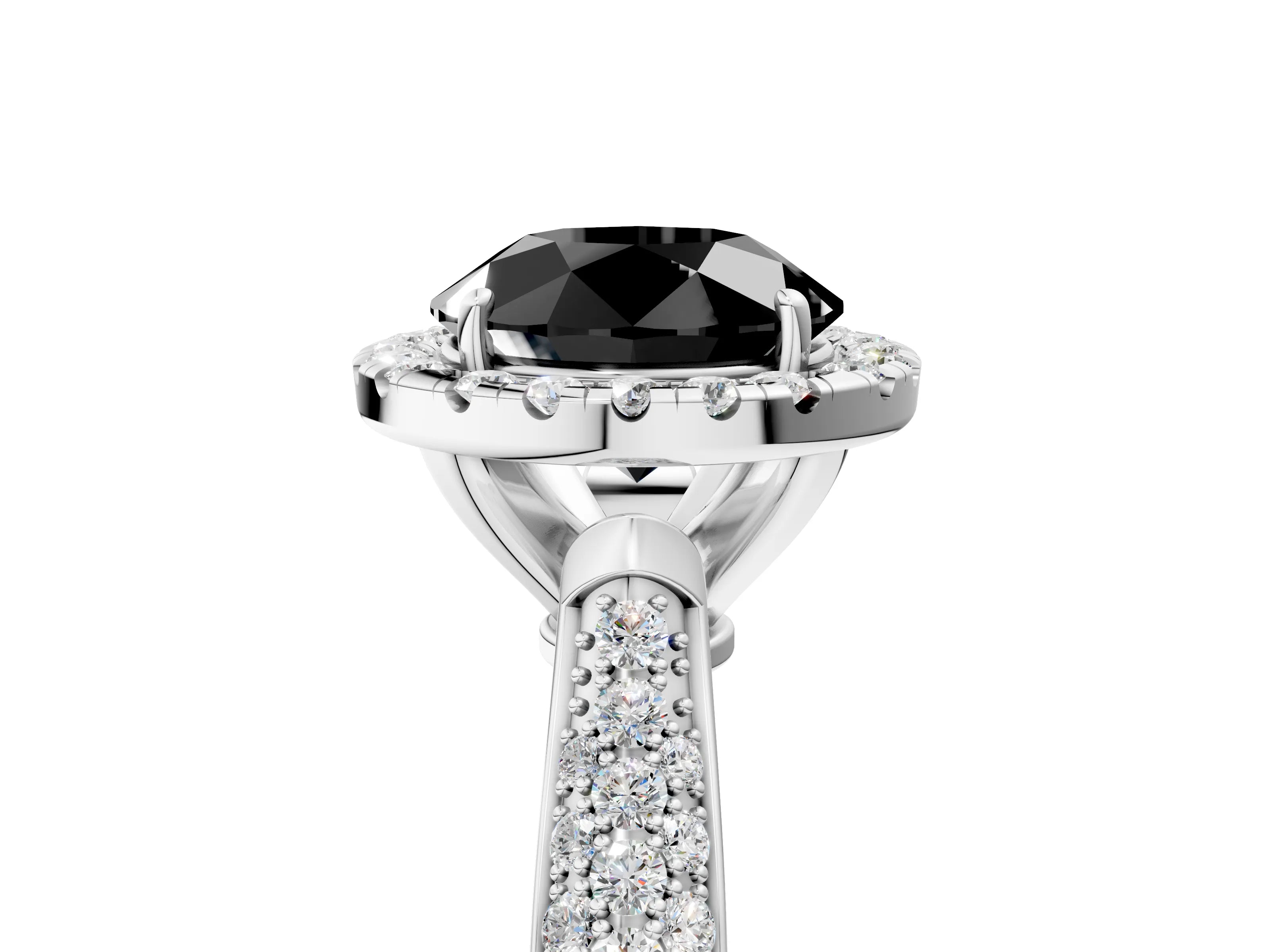White gold Fancy Black Round Cut Halo Diamond Ring with Pavé Band_17