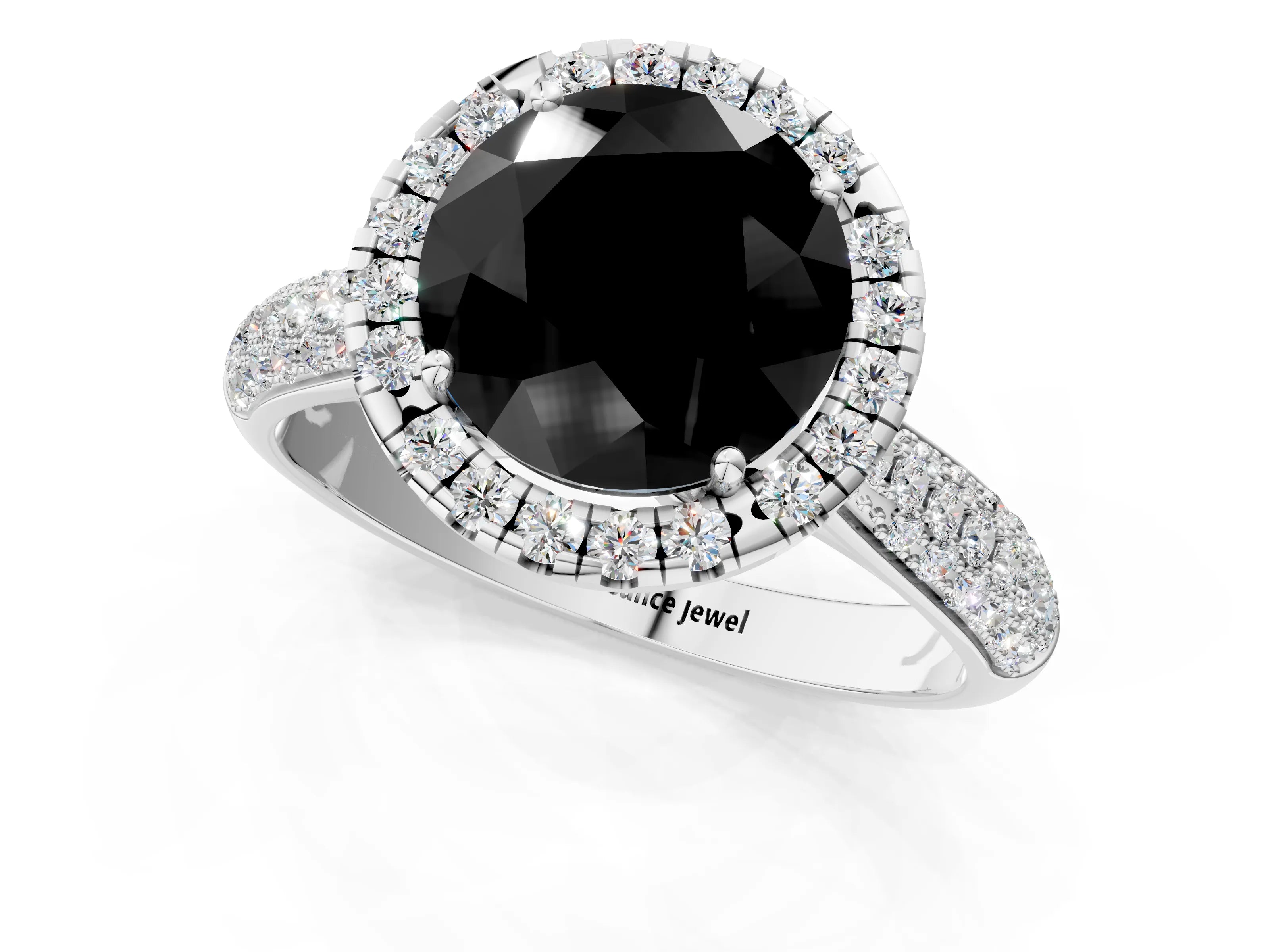 White gold Fancy Black Round Cut Halo Diamond Ring with Pavé Band_1