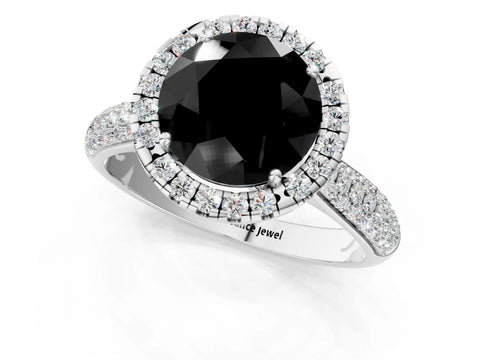 White gold Fancy Black Round Cut Halo Diamond Ring with Pavé Band_1