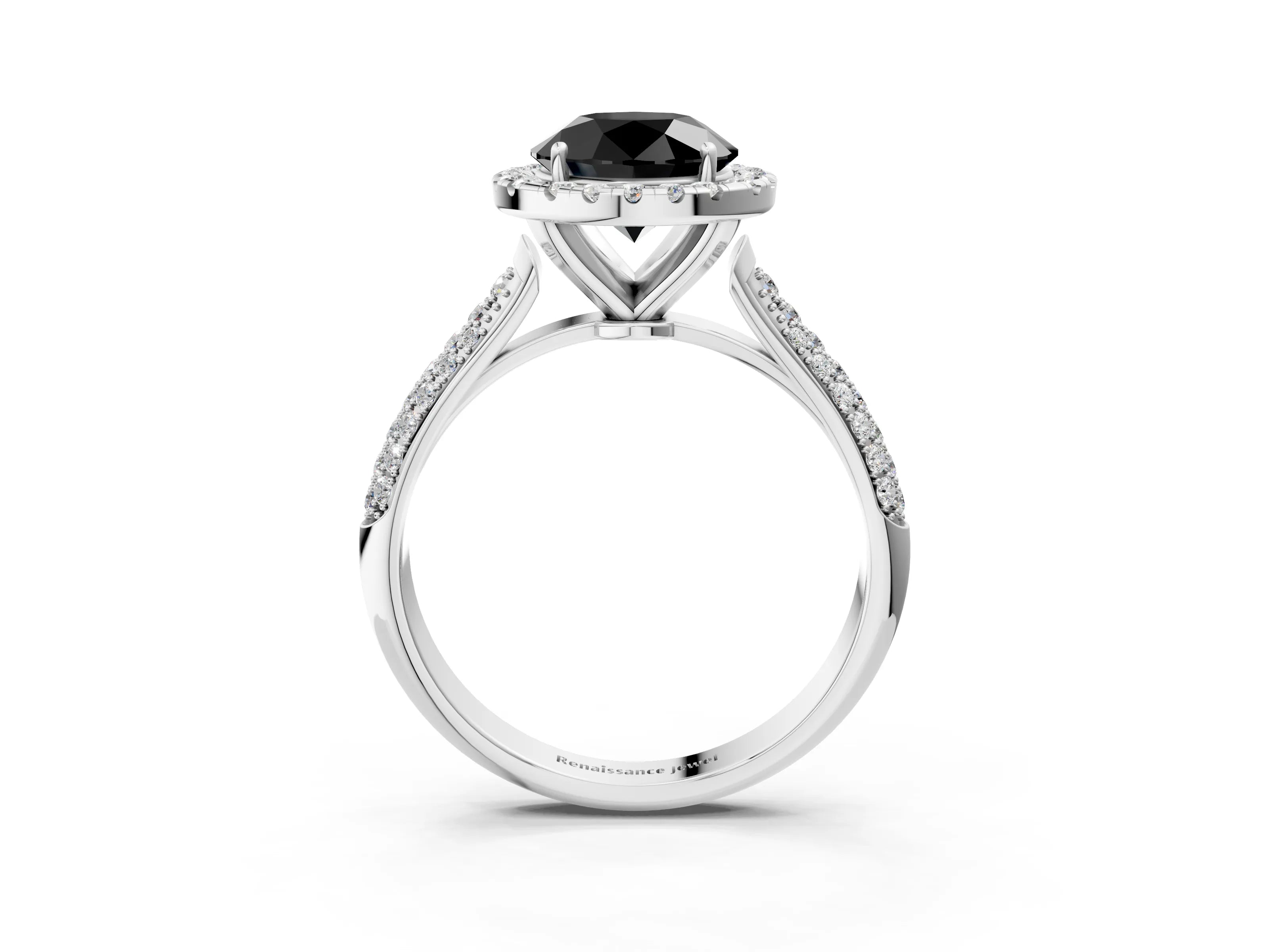 White gold Fancy Black Round Cut Halo Diamond Ring with Pavé Band_3