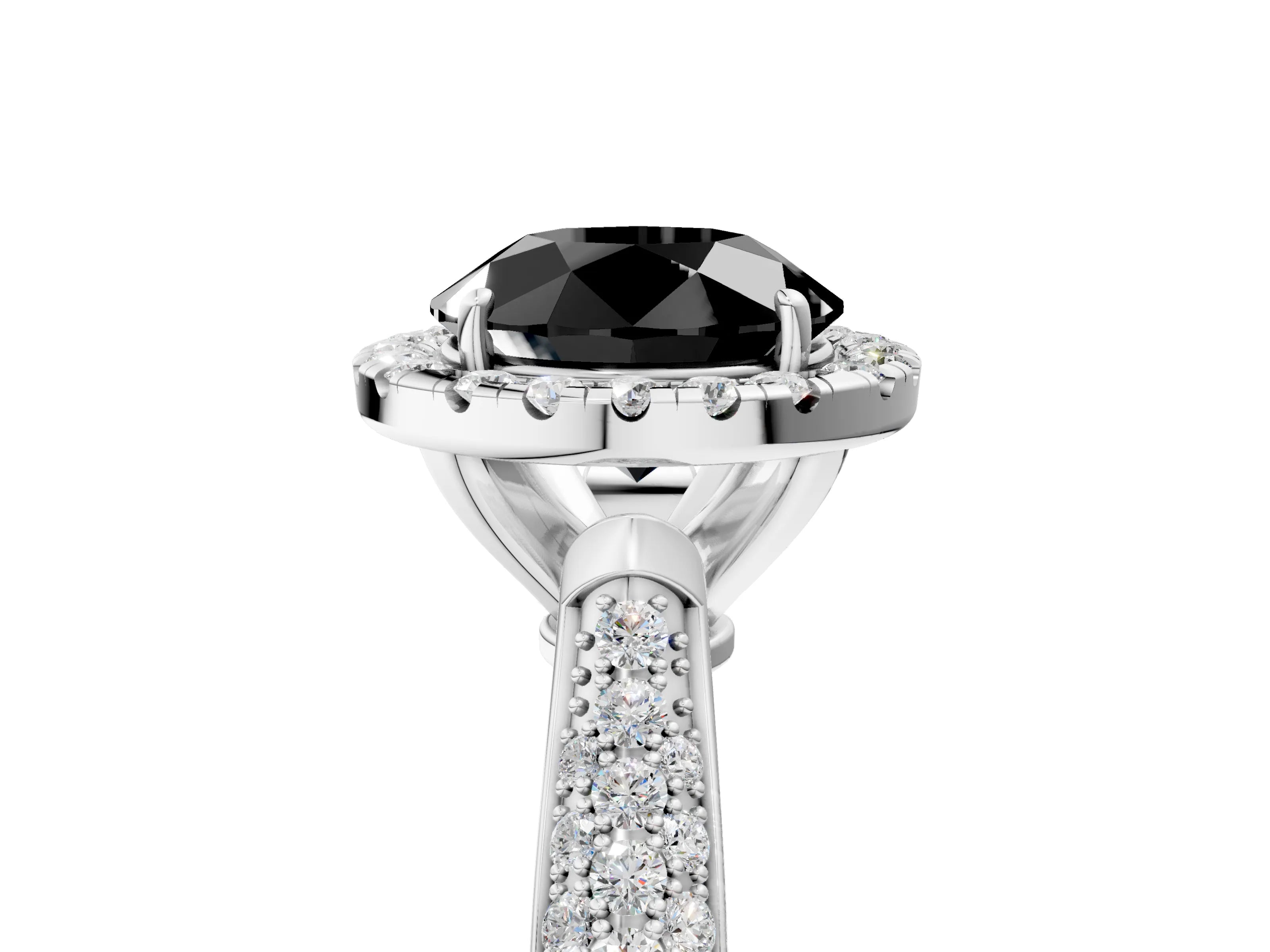 White gold Fancy Black Round Cut Halo Diamond Ring with Pavé Band_5
