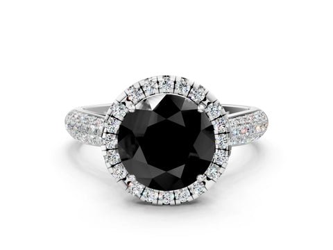 White gold Fancy Black Round Cut Halo Diamond Ring with Pavé Band
