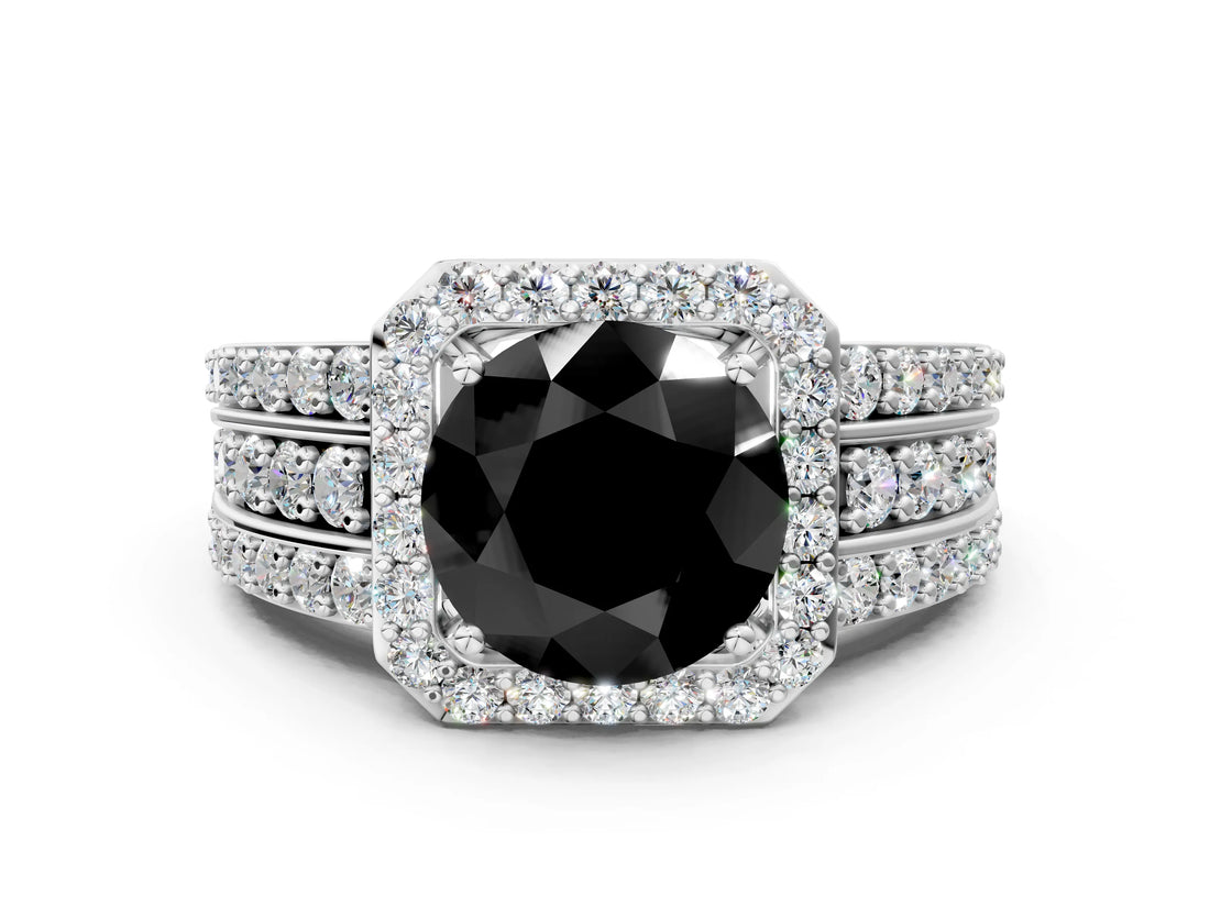 White gold Fancy Black Round Cut Halo Diamond Ring with Round  Split Shank and Prong Setting_72