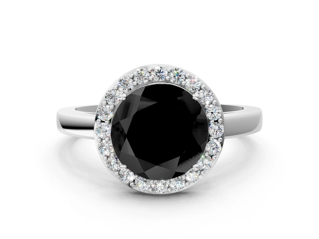 White gold Fancy Black Round Cut Halo Diamond Ring with Solitaire Band and Prong Setting