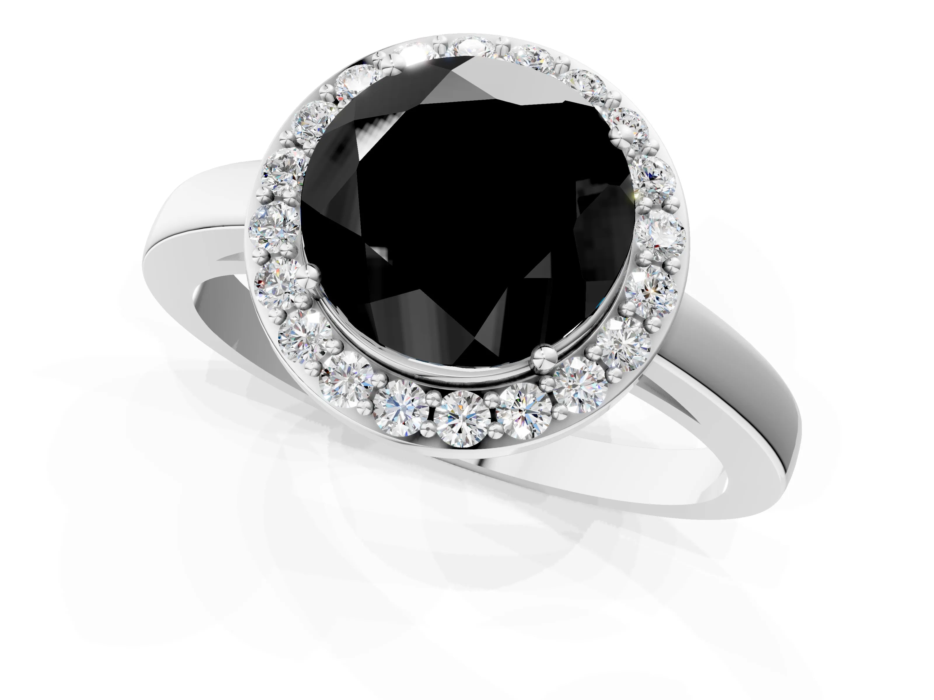 White gold Fancy Black Round Cut Halo Diamond Ring with Solitaire Band and Prong Setting_1