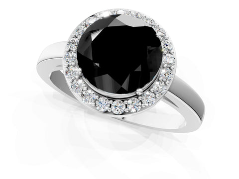 White gold Fancy Black Round Cut Halo Diamond Ring with Solitaire Band and Prong Setting_1
